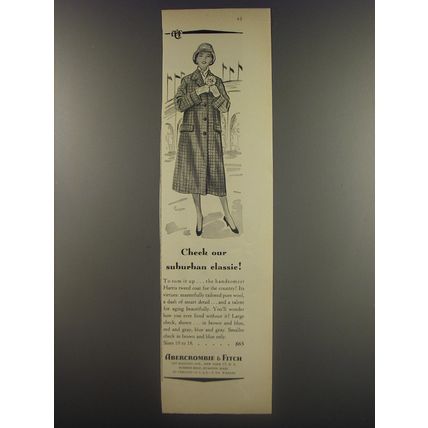 1956 Abercrombie & Fitch Harris Tweed Coat Ad - Check our suburban classic