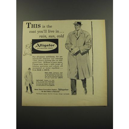 1955 Alligator Coats Ad - This is the coat you'll live in.. rain, sun, cold