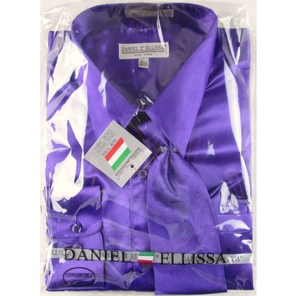 NWT Daniel Ellissa Men's Shiny Purple Satin Dress Shirt & Tie Set, 17.5 (34/35)