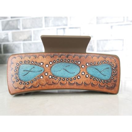 Long brown faux leather effect turquoise blue native tribal hair claw clip