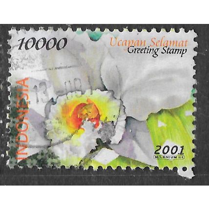 INDONESIA 2001 GREETING STAMP 10000R FLOWER MILENIUM 111 USED TOP VALUE