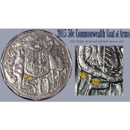Australia 2015 50c Coat of Arms 'Die Chips around Shield' Variety - Circulated
