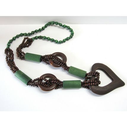 Festival Tribal Long Brown & Green Beaded Monkey Wood Heart Necklace