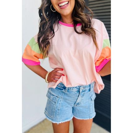 Women Oversized Color Block T-Shirt Casual Loose Crewneck Short Sleeve