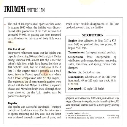 Collectors Club card. Classic Cars. Triumph Spitfire 1500