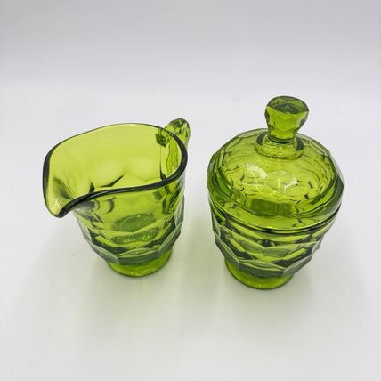 MCM Viking Art Glass GREEN GEORGIAN New Martinsville Cream and Sugar Set
