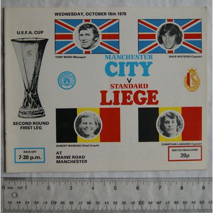 1978 programme Manchester City v. Standard Leige, UEFA Cup 2nd round 1st leg