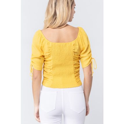 Elbow Slv Smocked Ruched Woven Top