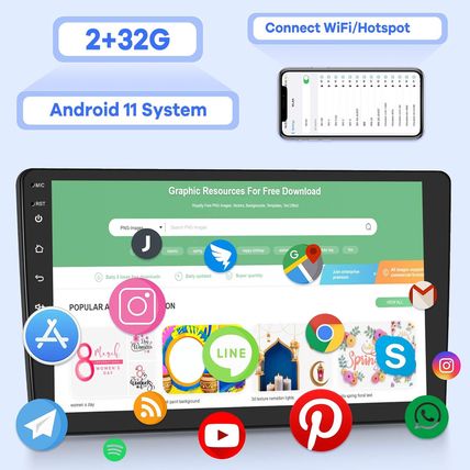 2G+32G] 10.1 Inch Android 11 Double Din Car Stereo with Wireless/Wired Carplay