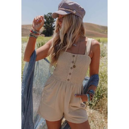 Beige Buttons Smocked Sleeveless Romper