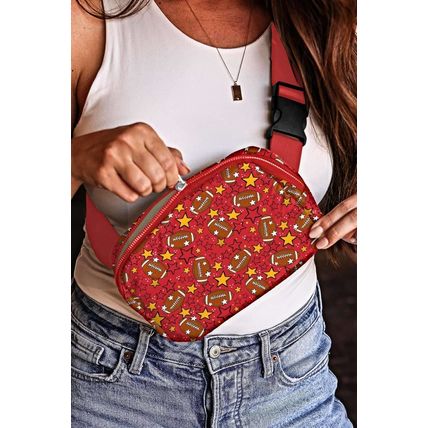 Fiery Red Rugby Star Printed Buckle Strap Crossbody Bag