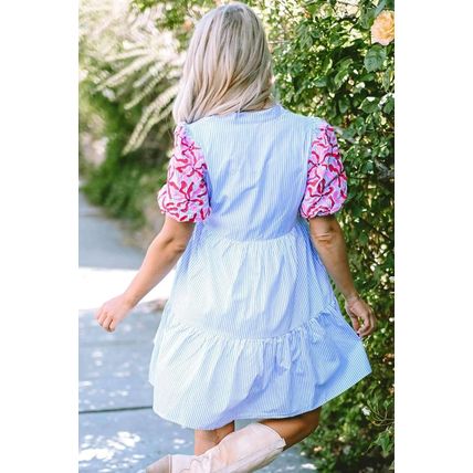 Sky Blue Stripe Contrast Floral Puff Sleeve Tiered Ruffle Dress