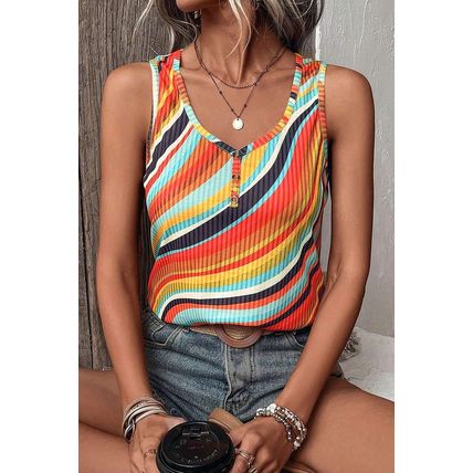 Multicolour Wavy Striped Buttoned V Neck Tank Top
