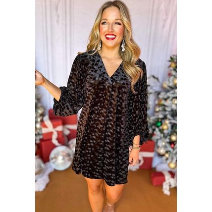 Black Textured V Neck Balloon Sleeve Velvet Mini Dress