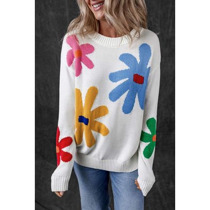White Colorful Big Flower Pattern Crewneck Sweater