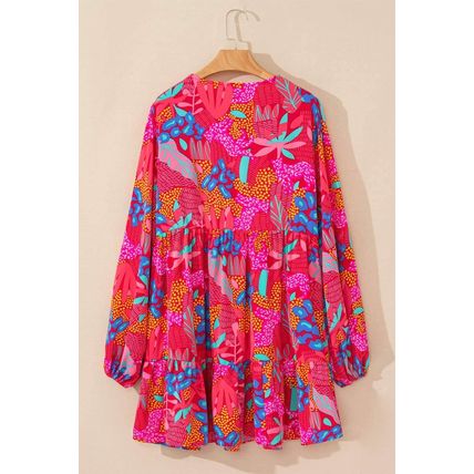 Rose Tropical Printed Lantern Sleeve V Neck Ruffled Plus Size Mini Dress