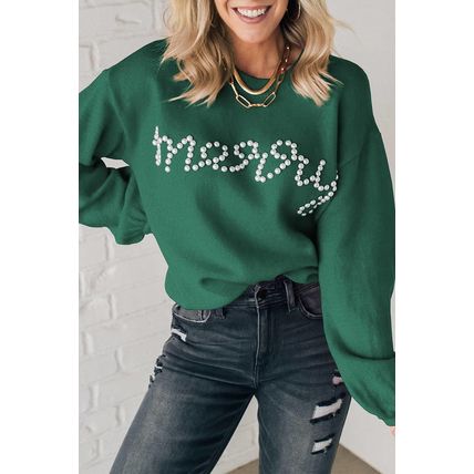Blackish Green Pearl Beaded Merry Casual Sweater