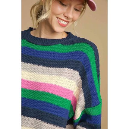 Bright Green Rainbow Striped Crew Neck Drop Shoulder Sweater