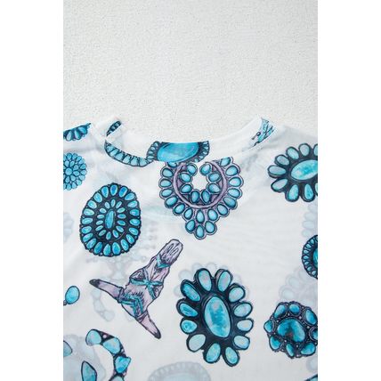 Sky Blue Western Turquoise Printed Crewneck Slim Fit Tee
