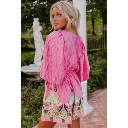 Pink Paisley Geometric Print V Neck High Waist Romper