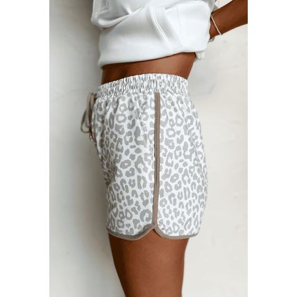 White Leopard Elastic Waist Lace up Contrast Trim Casual Shorts