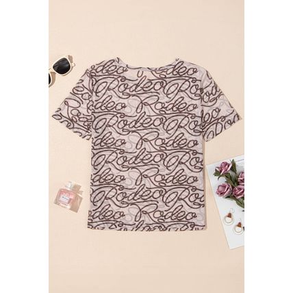 Brown Rodeo Print Round Neck Slim Fit Mesh T Shirt