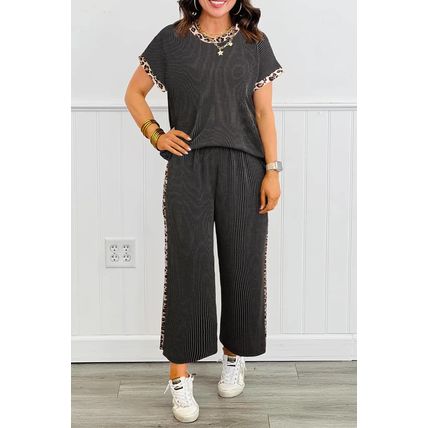 Carbon Grey Leopard Patchwork Edge Twisted Rib T Shirt and Cropped Pants Set