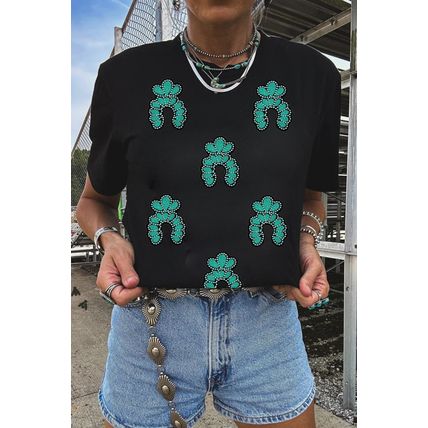 Black Western Turquoise Pattern Sequin Patched T Shirt