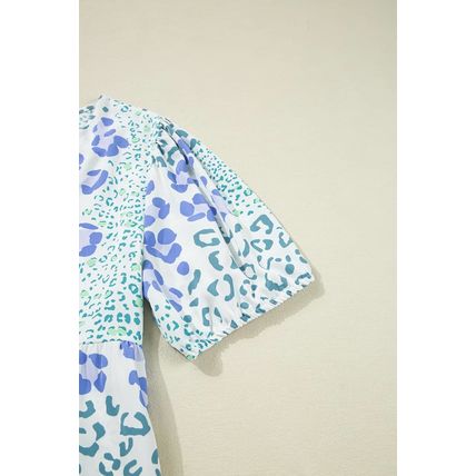 Sky Blue Leopard Contrast Bow Puff Sleeve Mini Dress