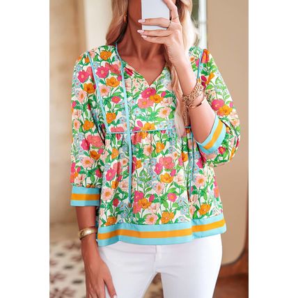 Green Floral Print Striped Trim Tie Neck Puff Sleeve Babydoll Blouse