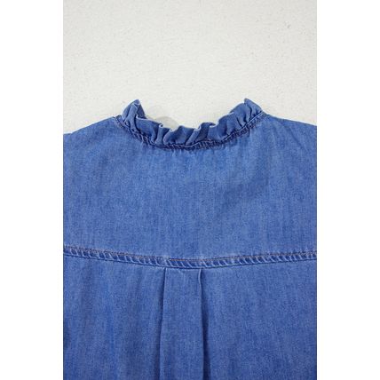 Sky Blue Mineral Wash Frilled Button Up Denim Shirt