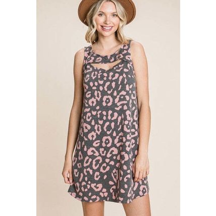 Cute Animal Print Cut Out Neckline Sleeveless Tunic Dress