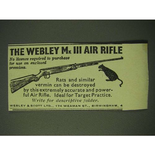 1955 Webley Mk III Air Rifle Ad - No license required