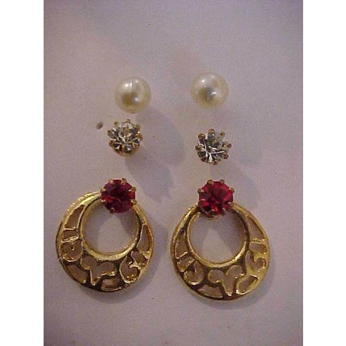 Exchangeable Stud Earrings Gold Hoop 1/2" SET 3 Faux Pearl Crystal Red Crystal