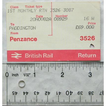 1982 ticket British Rail 1st Monthly return Paddington / Penzance 3526