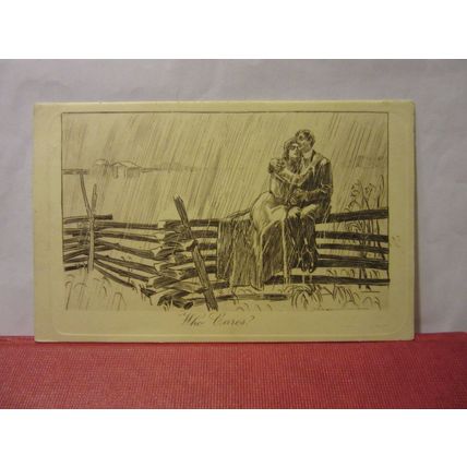 WHO CARES', lovers in rain used antique postcard 1908 pm J. Henderson. /