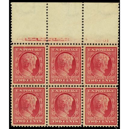 367, Mint NH VF 2¢ Wide Top Plate Block of Six Stamps ** Stuart Katz