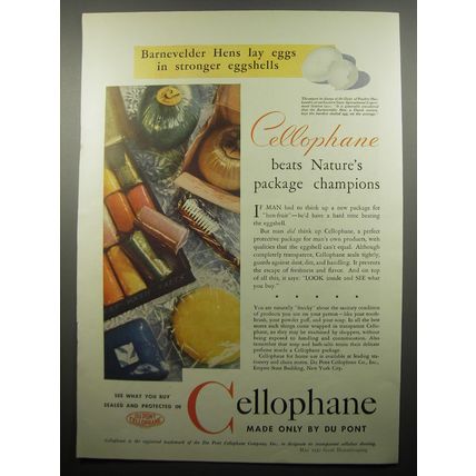 1932 Du Pont Cellophane Ad - Barnevelder Hens lay eggs in stronger eggshells
