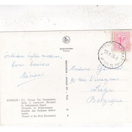 Kokside St Sakraments Kapel Belgium Postcard posted 1966 crease