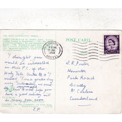 Abbey Church of St Mary Iona Postcard posted 1958 crease + print on face