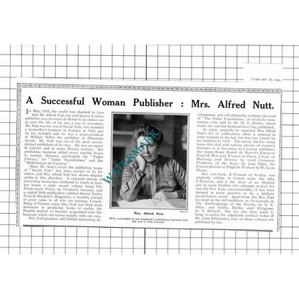 Mrs Alfred Nutt Publisher David Nutt - 1914 News Clipping
