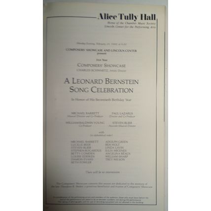 A LEONARD BERNSTEIN SONG CELEBRATION - STAGEBILL - 1988 - 70th Birthday Year