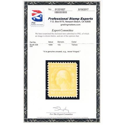 338, Mint XF NH 10¢ GEM - With PSE Certificate - Stuart Katz