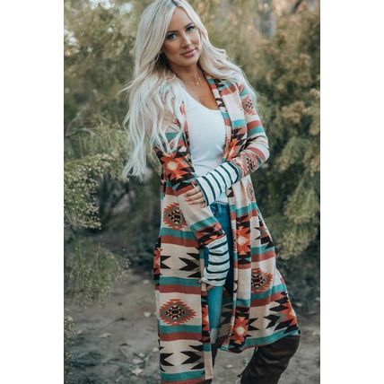 Multicolor Geometric Color Block Open Front Long Cardigan