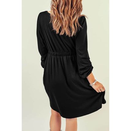 Black Button Up High Waist Long Sleeve Dress