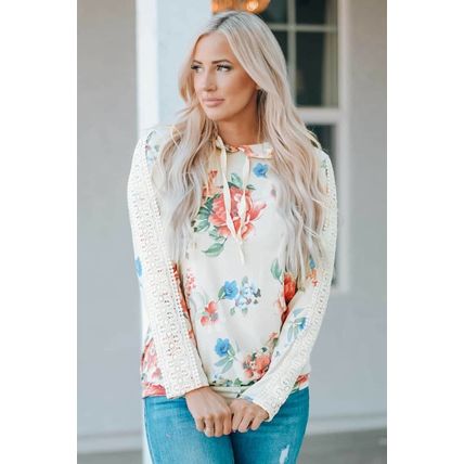 Apricot Floral Print Lace Contrast Long Sleeve Hoodie