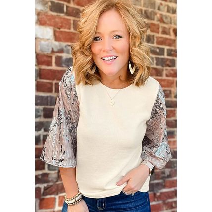 White Sequined Bell Sleeve Round Neck Blouse