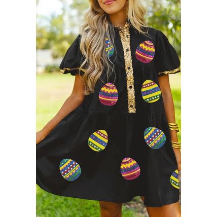 Black Glistening Easter Egg Sequin Trim Half Button Puff Sleeve Dress