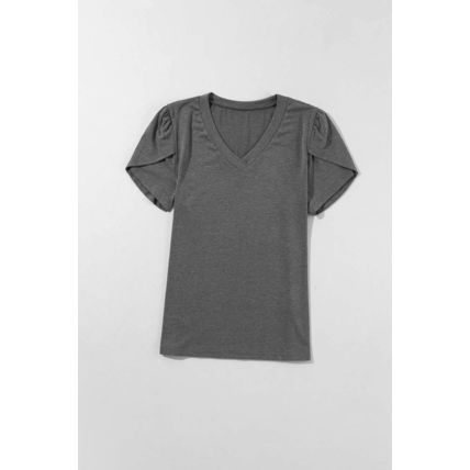 Carbon Grey Fashion Petal Sleeve V Neck T Shirt