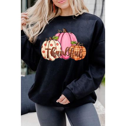 Black Pumpkin Thankful Drop Shoulder Thanksgiving Pullover Sweatshirt